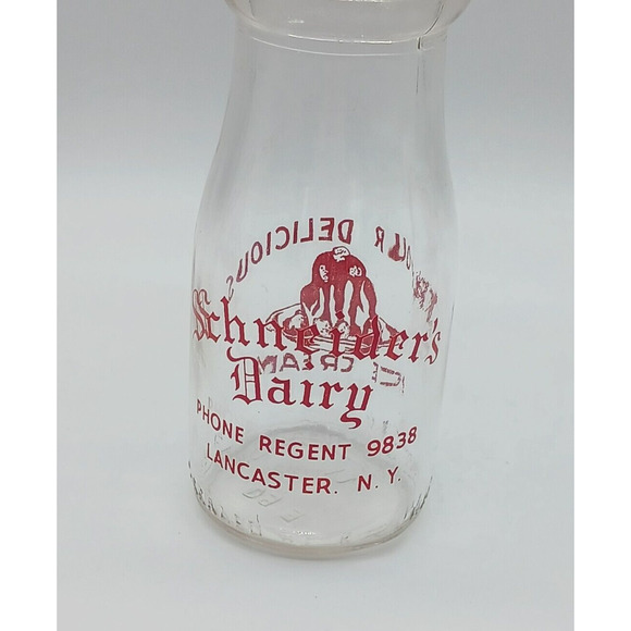Vtg Schneiders Dairy Lancaster NY Half Pint Milk Bottle Try Our Ice Cream Red - Picture 2 of 5